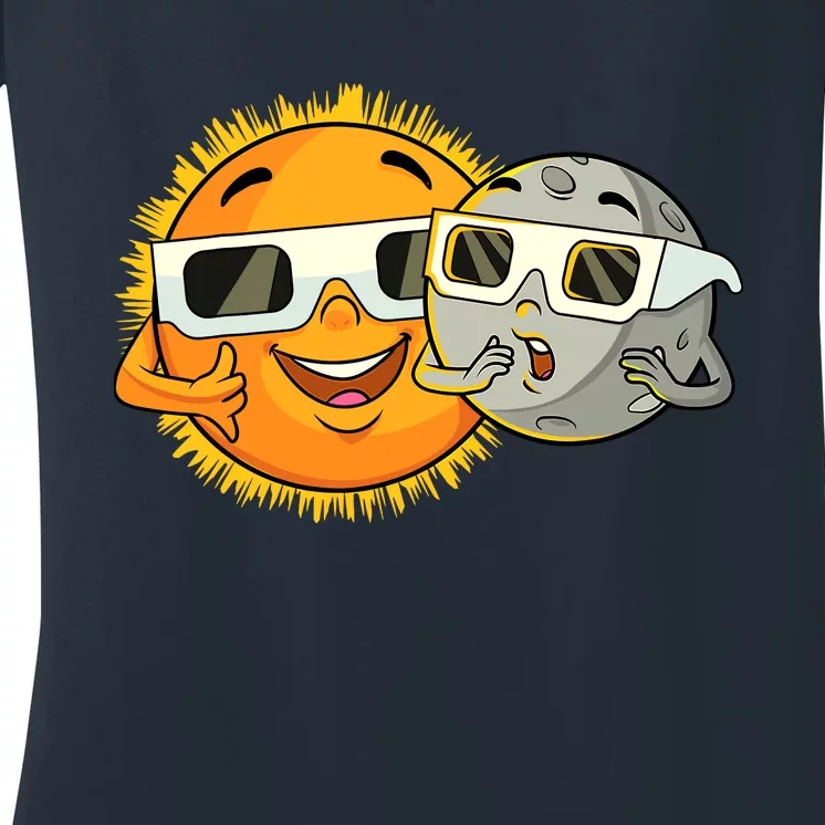 Solar Eclipse 2024 Funny Sun Moon Glasses Science Women's V-Neck T-Shirt