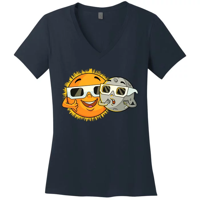 Solar Eclipse 2024 Funny Sun Moon Glasses Science Women's V-Neck T-Shirt