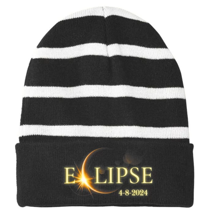 Solar Eclipse 2024 Total Solar Eclipse 4.08.24 Gift For Solar Eclipse Lover Striped Beanie with Solid Band