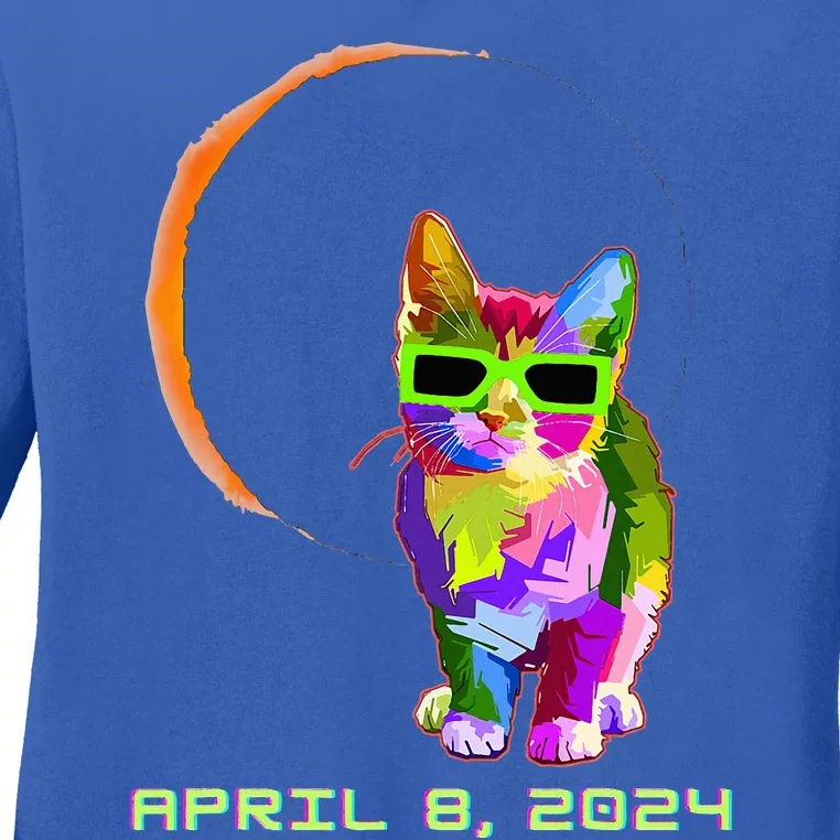 Solar Eclipse 2024 Cat Wearing Solar Eclipse Glasses Ladies Long Sleeve Shirt