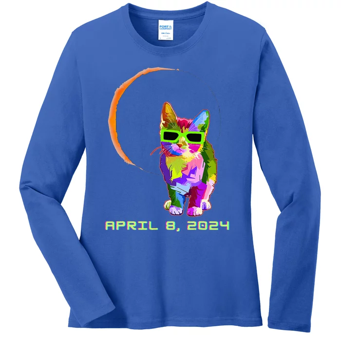 Solar Eclipse 2024 Cat Wearing Solar Eclipse Glasses Ladies Long Sleeve Shirt