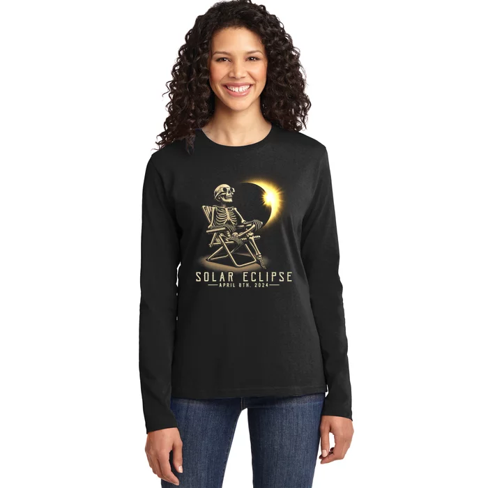 Solar Eclipse 2024 Total Eclipse April 8th 2024 Skull Ladies Long Sleeve Shirt