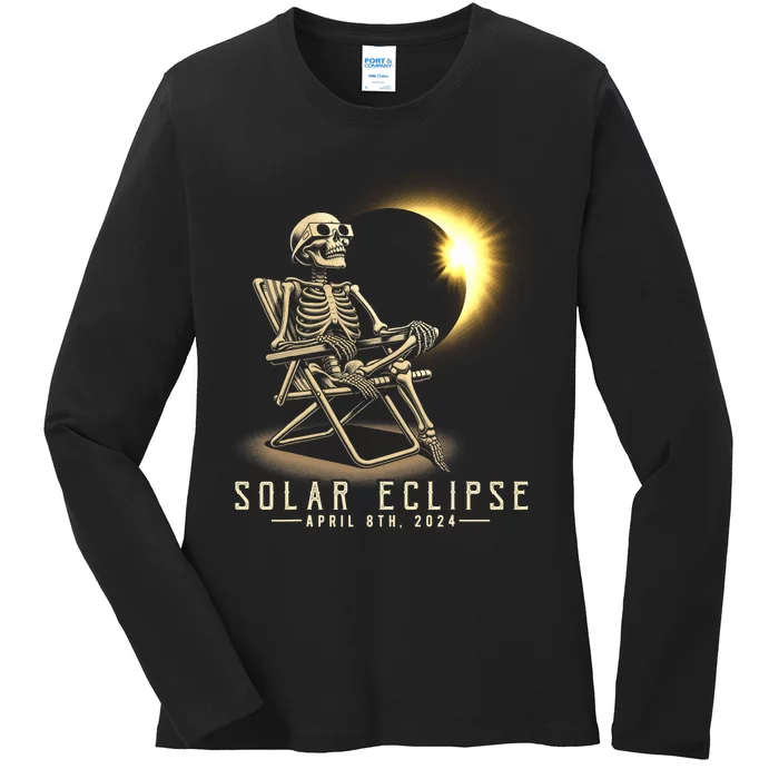 Solar Eclipse 2024 Total Eclipse April 8th 2024 Skull Ladies Long Sleeve Shirt