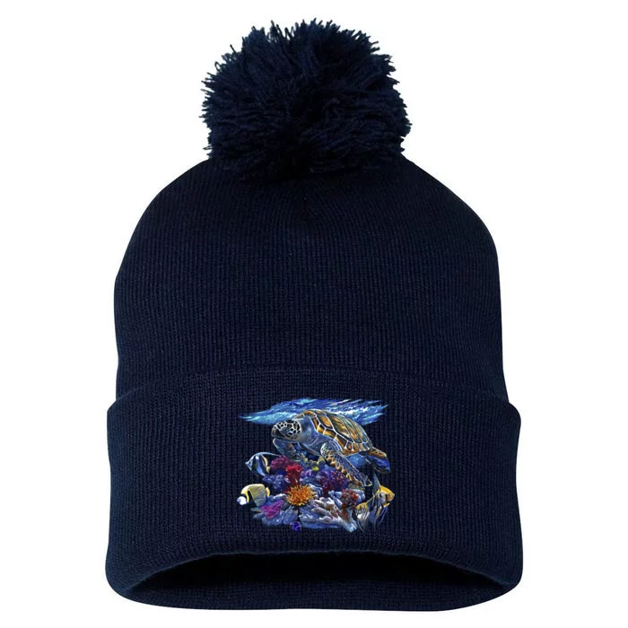 Sea Turtle Life Pom Pom 12in Knit Beanie