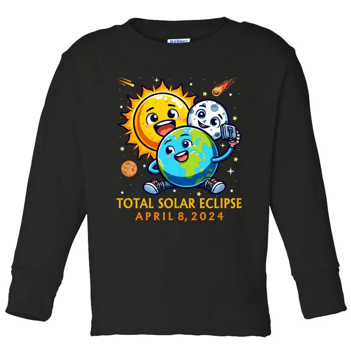 Solar Eclipse April 8 2024 Cute Earth Sun Moon Selfie Space Toddler Long Sleeve Shirt