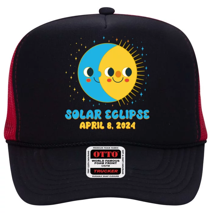 Solar Eclipse April 8 2024 Cute Moon And Sun High Crown Mesh Trucker Hat