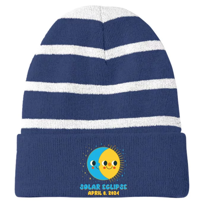 Solar Eclipse April 8 2024 Cute Moon And Sun Striped Beanie with Solid Band