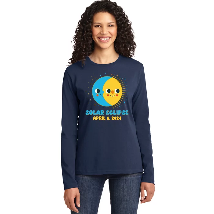 Solar Eclipse April 8 2024 Cute Moon And Sun Ladies Long Sleeve Shirt