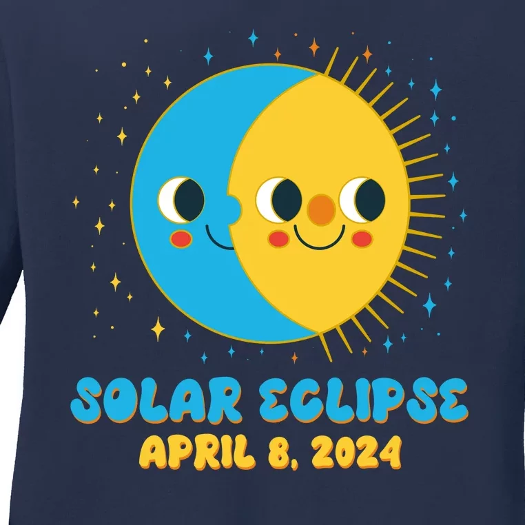 Solar Eclipse April 8 2024 Cute Moon And Sun Ladies Long Sleeve Shirt