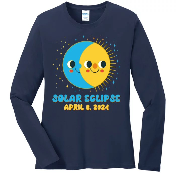 Solar Eclipse April 8 2024 Cute Moon And Sun Ladies Long Sleeve Shirt