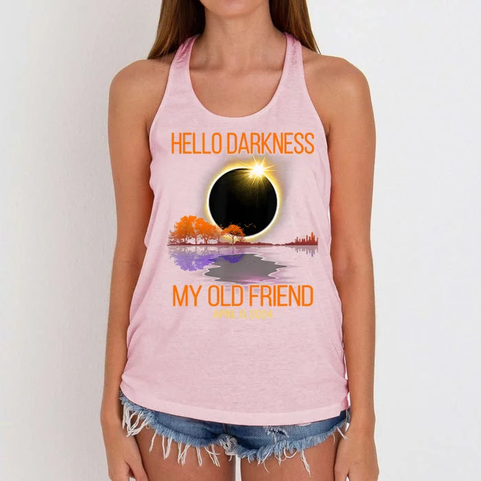 Solar Eclipse April 08 2024 Hello Darkness My Old Friend Women's Knotted Racerback Tank