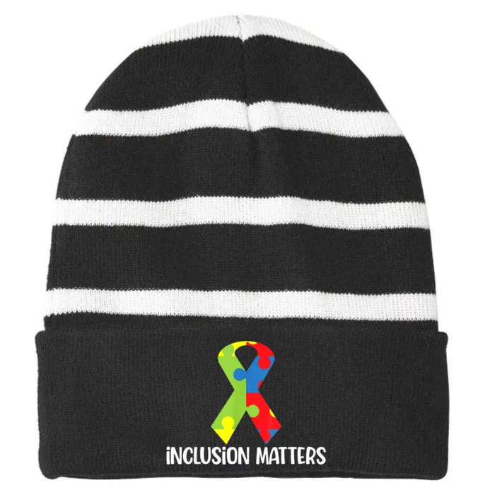 Special Education Autism Awareness Teacher Inclusion Matters Striped Beanie with Solid Band