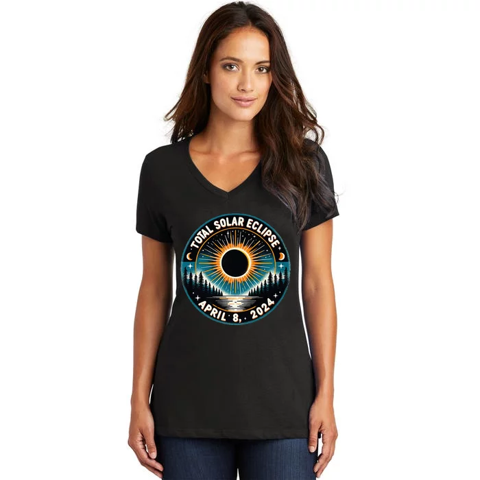 Solar Eclipse Astronomy Vintage 2024 Solar Eclipse Women's V-Neck T-Shirt