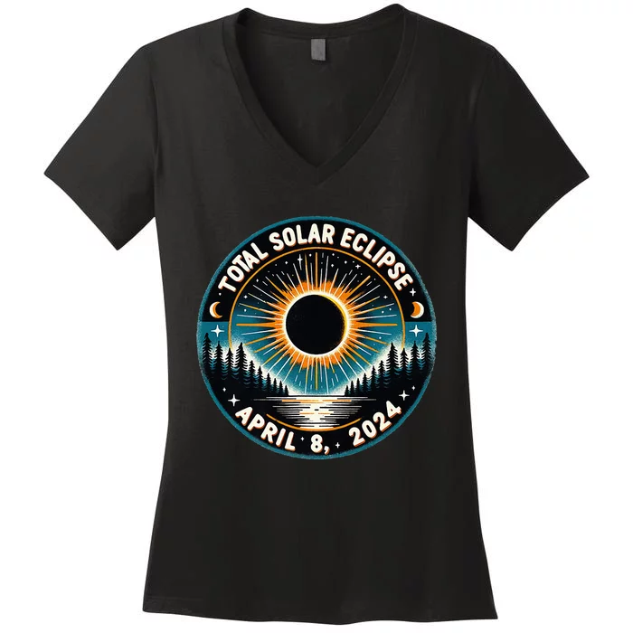 Solar Eclipse Astronomy Vintage 2024 Solar Eclipse Women's V-Neck T-Shirt