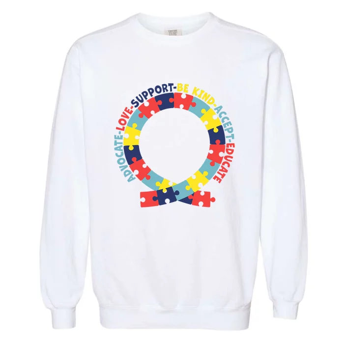 Support Educate Advocate Love Autism Awareness Puzzle Ribbon Garment-Dyed Sweatshirt