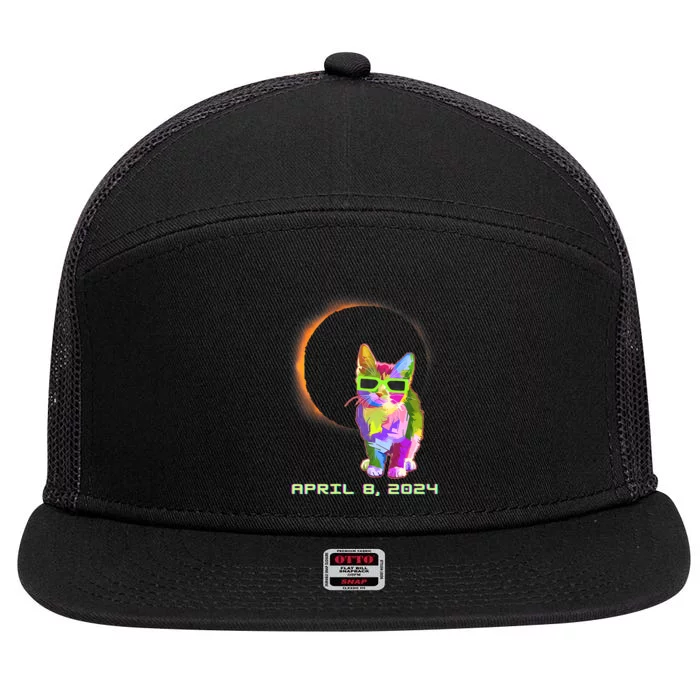 Solar Eclipse April 8 2024 Cat Wearing Eclipse Glasses 7 Panel Mesh Trucker Snapback Hat