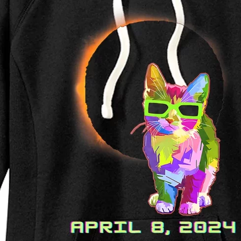 Solar Eclipse April 8 2024 Cat Wearing Eclipse Glasses Women's Fleece Hoodie