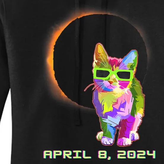 Solar Eclipse April 8 2024 Cat Wearing Eclipse Glasses Women's Pullover Hoodie