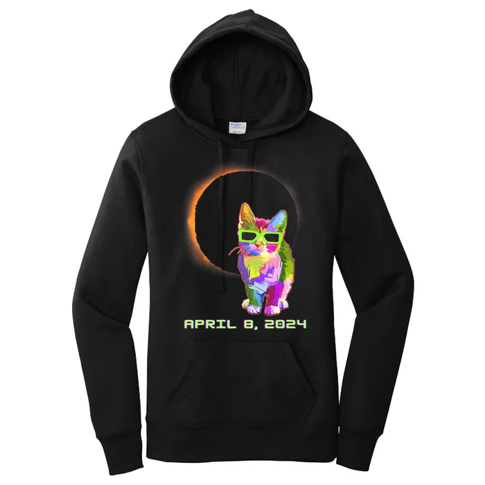 Solar Eclipse April 8 2024 Cat Wearing Eclipse Glasses Women's Pullover Hoodie