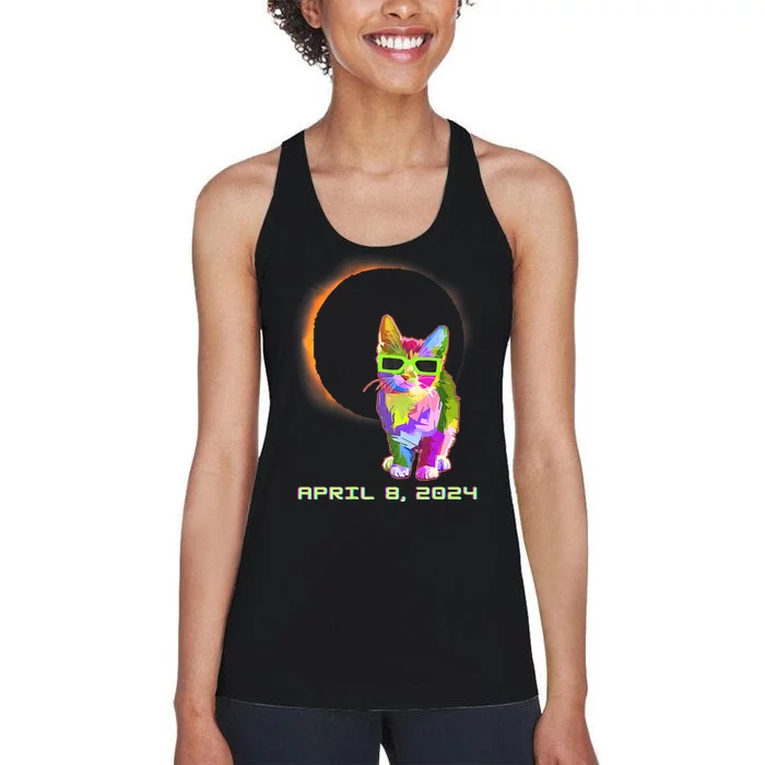 Solar Eclipse April 8 2024 Cat Wearing Eclipse Glasses Women's Racerback Tank