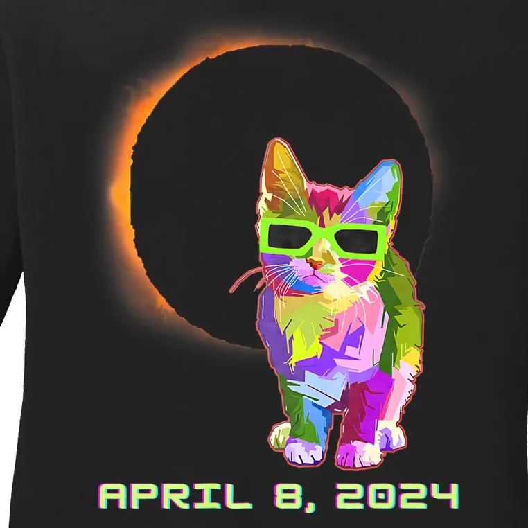 Solar Eclipse April 8 2024 Cat Wearing Eclipse Glasses Ladies Long Sleeve Shirt