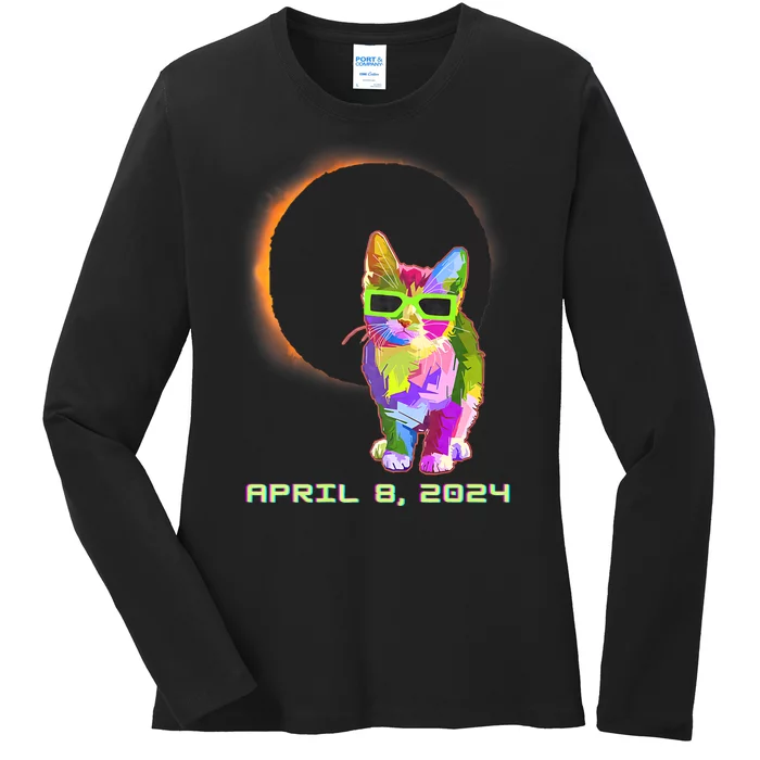 Solar Eclipse April 8 2024 Cat Wearing Eclipse Glasses Ladies Long Sleeve Shirt