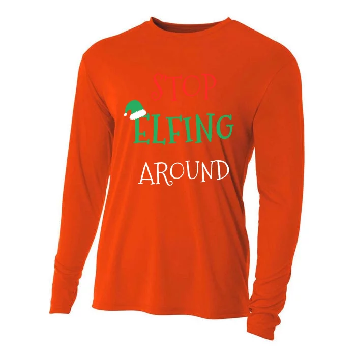 Stop Elfing Around Funny Christmas Elf Xmas Stocking Stuffer Gift Cooling Performance Long Sleeve Crew