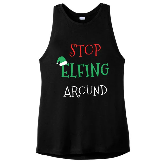 Stop Elfing Around Funny Christmas Elf Xmas Stocking Stuffer Gift Ladies Tri-Blend Wicking Tank