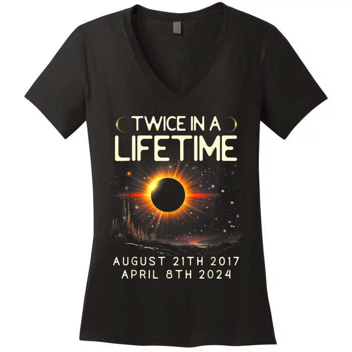 Solar Eclipse Astronomy Twice In Lifetime 2024 Solar Eclipse Women's V-Neck T-Shirt