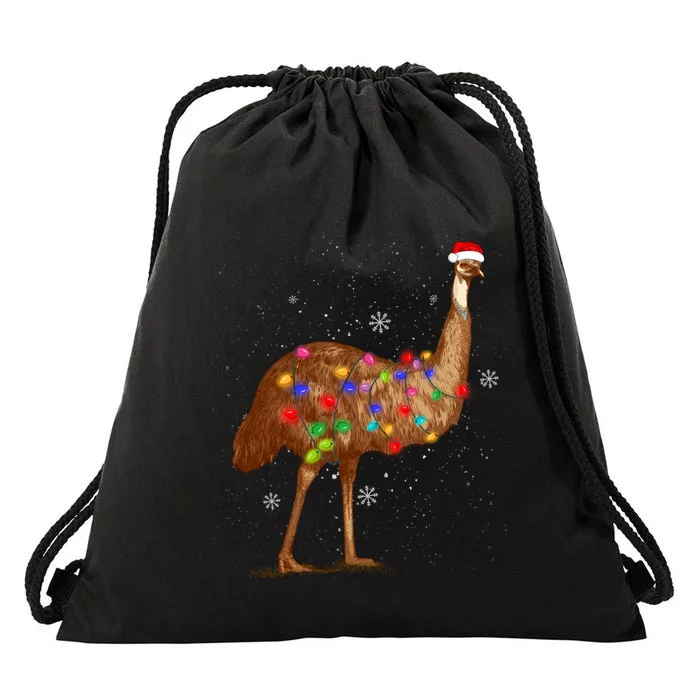 Santa Emu Bird With Christmas Lights Funny Xmas Celebration Drawstring Bag