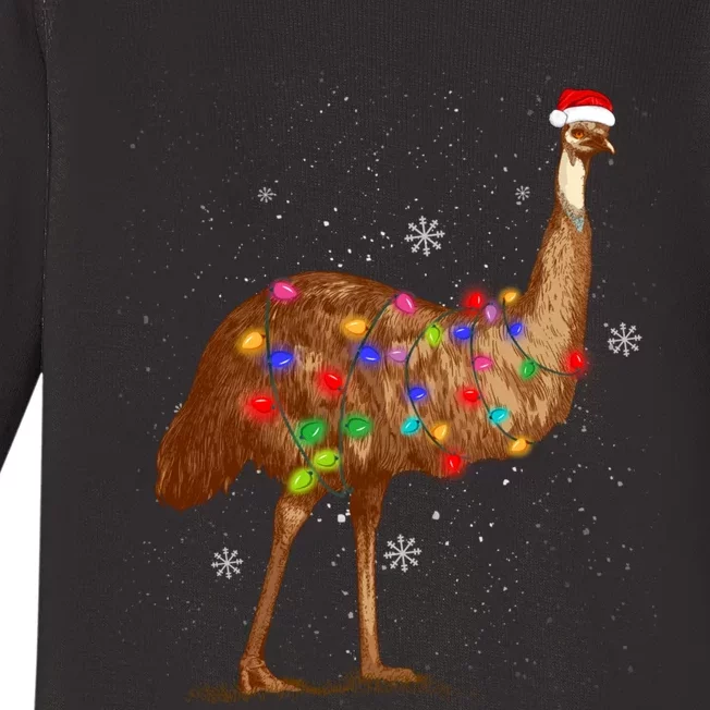 Santa Emu Bird With Christmas Lights Funny Xmas Celebration Baby Long Sleeve Bodysuit