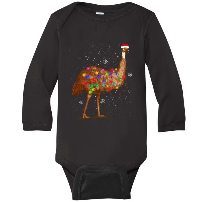 Santa Emu Bird With Christmas Lights Funny Xmas Celebration Baby Long Sleeve Bodysuit