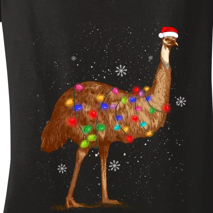 Santa Emu Bird With Christmas Lights Funny Xmas Celebration Women's V-Neck T-Shirt