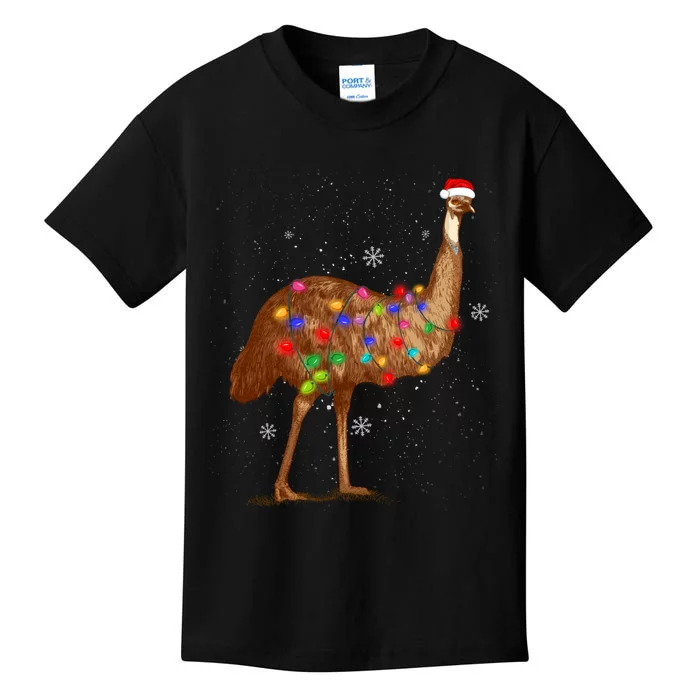 Santa Emu Bird With Christmas Lights Funny Xmas Celebration Kids T-Shirt