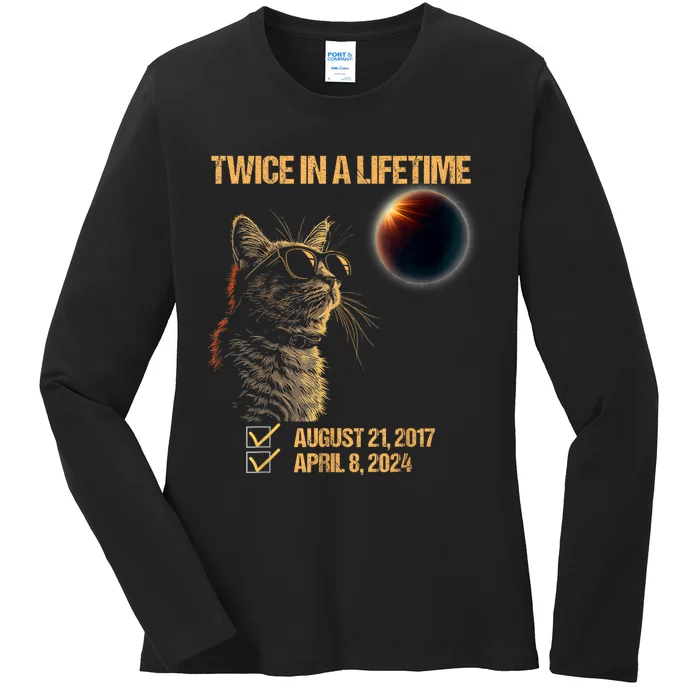 Solar Eclipse Cat Twice In Lifetime 2024 Solar Eclipse Ladies Long Sleeve Shirt