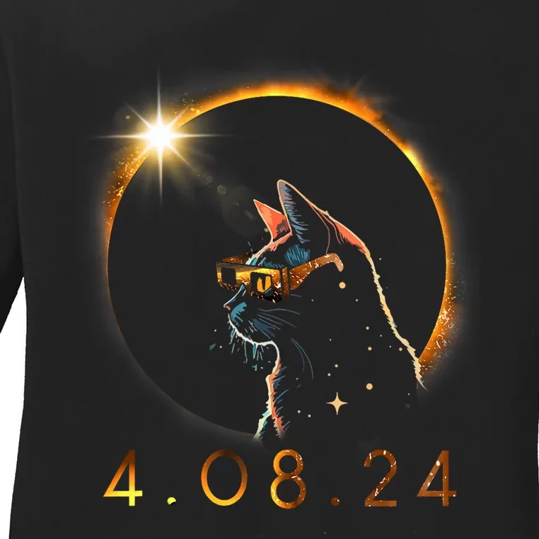 Solar Eclipse Cat Wearing Solar Eclipse Glasses Ladies Long Sleeve Shirt