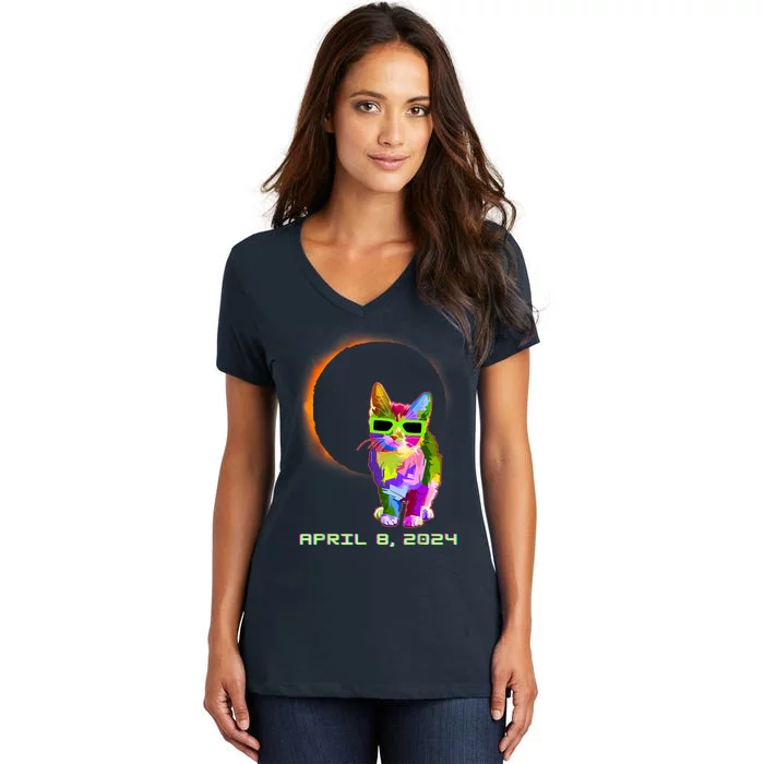 Solar Eclipse Cat Wearing Solar Eclipse Glasses Women's V-Neck T-Shirt