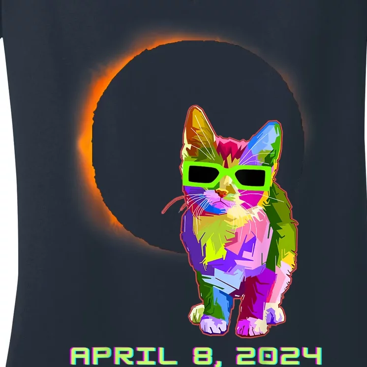 Solar Eclipse Cat Wearing Solar Eclipse Glasses Women's V-Neck T-Shirt