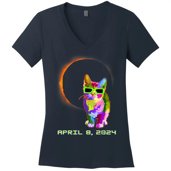 Solar Eclipse Cat Wearing Solar Eclipse Glasses Women's V-Neck T-Shirt