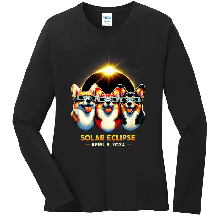 Solar Eclipse Corgi Wearing Glasses April 8 2024 Totality Ladies Long Sleeve Shirt