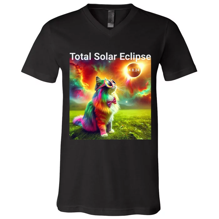 Solar Eclipse Cat Wearing Solar Eclipse Glasses 2024 V-Neck T-Shirt