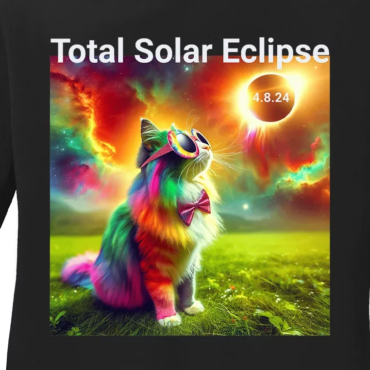 Solar Eclipse Cat Wearing Solar Eclipse Glasses 2024 Ladies Long Sleeve Shirt