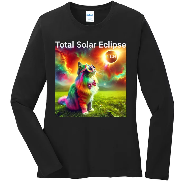 Solar Eclipse Cat Wearing Solar Eclipse Glasses 2024 Ladies Long Sleeve Shirt