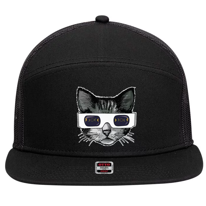 Solar Eclipse Cat Wearing Solar Eclipse Glasses 7 Panel Mesh Trucker Snapback Hat