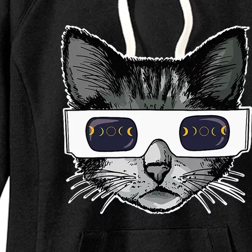 Solar Eclipse Cat Wearing Solar Eclipse Glasses Women's Fleece Hoodie