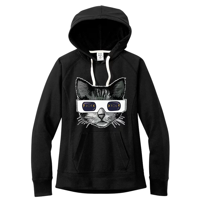 Solar Eclipse Cat Wearing Solar Eclipse Glasses Women's Fleece Hoodie