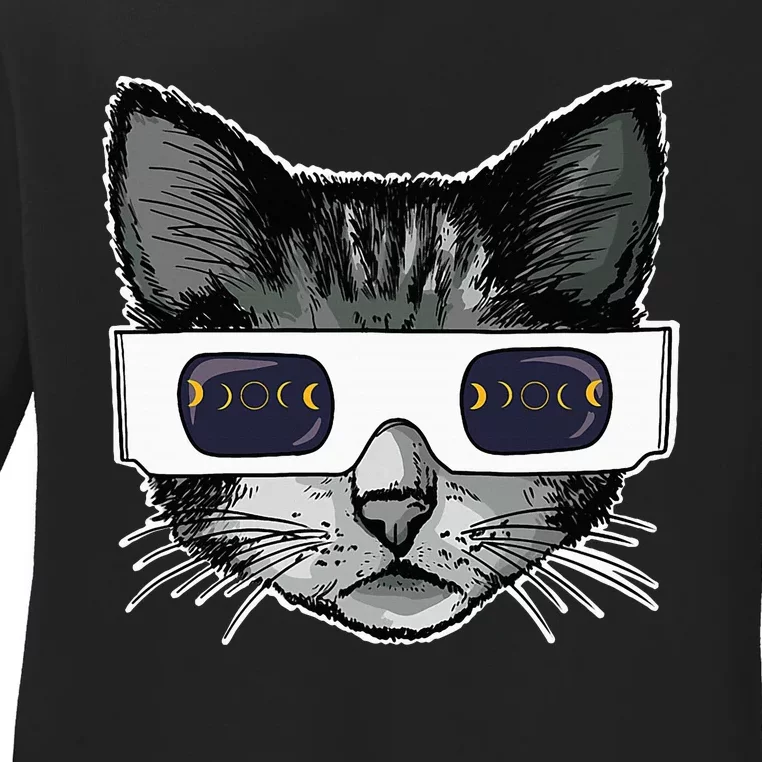 Solar Eclipse Cat Wearing Solar Eclipse Glasses Ladies Long Sleeve Shirt