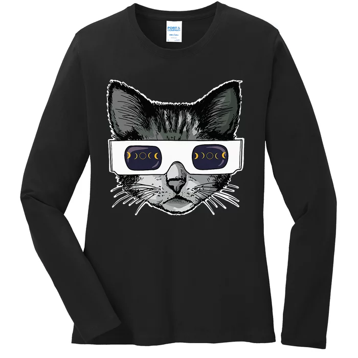 Solar Eclipse Cat Wearing Solar Eclipse Glasses Ladies Long Sleeve Shirt