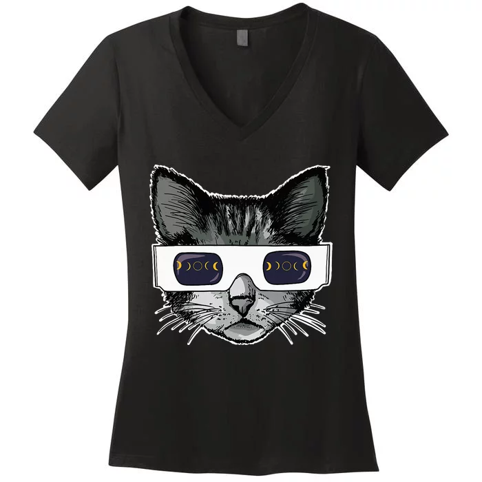 Solar Eclipse Cat Wearing Solar Eclipse Glasses Women's V-Neck T-Shirt