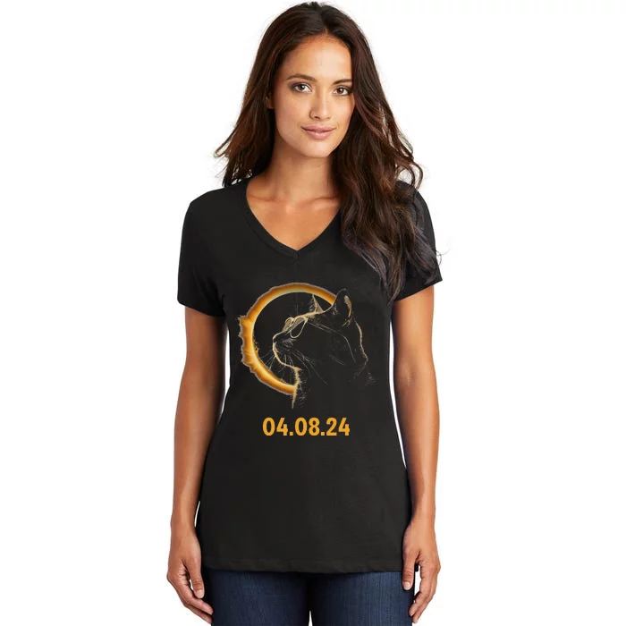 Solar Eclipse Cat Solar Eclipse Glasses Cat Funny Women's V-Neck T-Shirt